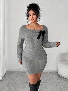 SHEIN Elenzya 大码女式纯色露肩扭纹针织毛衣裙 - 灰色 - 查看 3