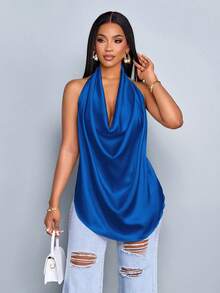 SOLERSUN 春夏女装休闲度假杏色亮面面料深V领挂脖吊带摆领弧形下摆露背吊带梭织面料背心 - 寶藍色 - 查看 4