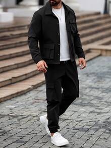 Manfinity Homme Men's Casual Solid Color Long Sleeve Utility Shirt & Pants Set, Fall Clothes - Black - View 7