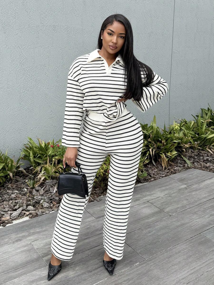 Alexandranx Conjunto de 2 piezas para mujer, camiseta de manga larga con escote en V caída de hombros y rayas, y pantalones a rayas con cintura elástica. Traje de suéter para invierno, otoño/invierno - Blanco y Negro - Ver 1