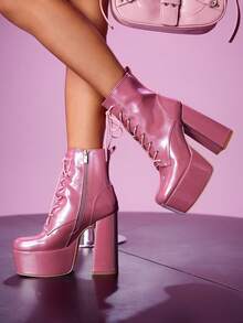 Cuccoo CUCCOO LuxiPop Sexy Patent Lace-Up Boots, Fashion Ankle Boots For Halloween, Christmas, Party, Nightclub Outfit, Autumn