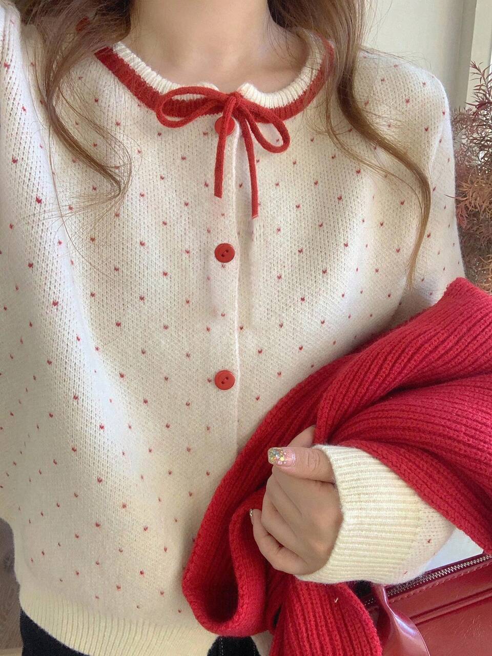 Teen Girls' Fashion Casual Contrast Color Dot Button Sweater,New Year,Christmas