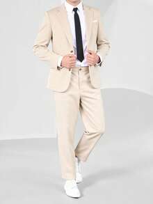 SHEIN 2pcs/Set Teen Boy Gentleman Outfit, Beige Slim Fit Suit Jacket + Dress Pants, Elegant, Formal Attire Suitable For Birthday Party, Gala, Performance, Hosting, Wedding Season