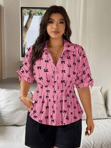 Vionelle Camisa casual de mujer talla grande con estampado de lazo, manga corta, abotonadura sencilla y cintura ceñida, top plisado rosa pastel de verano, camisa linda para uso diario - Multicolor - Ver 4