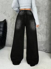 SHEIN Tall 女式休闲水洗不对称腰部阔腿牛仔裤 - 黑色 - 查看 2