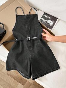 Comfortcana 女式休闲露背交叉牛仔连体衣 - 黑色 - 查看 3