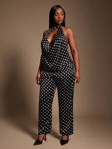 Radiana 大码女式优雅性感黑白波点围脖领无袖上衣和修身裤套装，秋冬 - 黑與白 - 查看 6