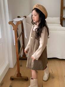 DAZY Váy nhung kẻ sọc dáng rộng, phong cách thường ngày, đi học, mặc nhà cho bé gái, mùa thu/đông - màu nâu - Xem 5