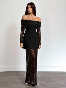 SHEIN Tall 新款优雅黑色蕾丝拼接连衣裙，性感蕾丝透视鸡尾酒会礼服，秋季婚礼宾客礼服 - 黑色 - 查看 9