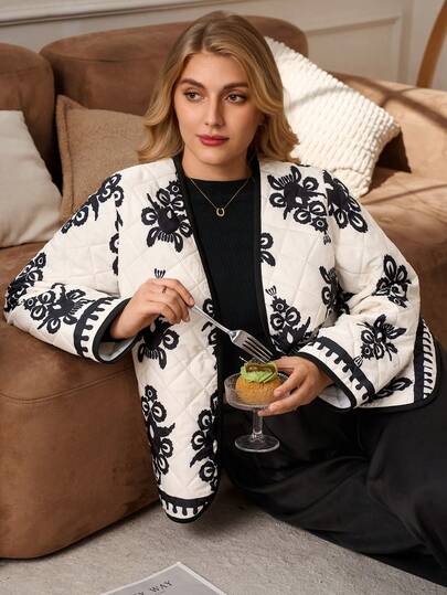 Rosumi Plus Size Retro Printed Jacket, Black Jacket, Winter Coats For Going Out, Casual, Autumn/Winter,2025 New