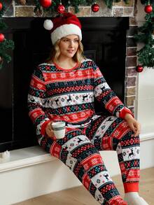 SHEIN Doze Lane Bộ đồ ngủ tay dài cổ tròn in họa tiết chủ đề Giáng sinh dành cho phụ nữ ngoại cỡ, trang phục ấm áp, quần áo thu đông - Nhiều màu - Xem 7