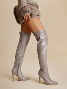 Daringsoles 女士弹力靴、细靴、尖头细高跟性感派对靴、过膝靴、PU 皮革棕色靴子、秋冬靴 - 灰色 - 查看 2