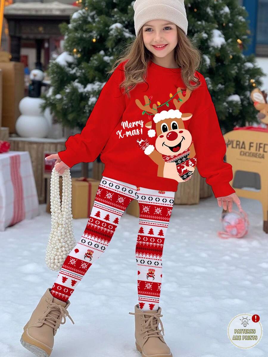 SHEIN Leap Crew 圣诞快乐!这款少女休闲可爱卡通驯鹿、雪花、圣诞几何图案费尔岛印花红色节日圆领舒适长袖卫衣和打底裤两件套,适合秋冬季圣诞风格,展现冬日优雅,秋季新款,时尚秋装,秋冬两件套,当下流行,圣诞秋季穿搭,趣味圣诞,舒适卫衣,圣诞服装,派对精选,节日装扮,休闲舒适,场合服装 - 彩色 - 查看 1