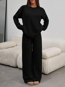 EURMUSE Women Round Neck Rib Knitted Sweater And Sweater Pant 2pcs Sets Co-Ord - Black - View 8