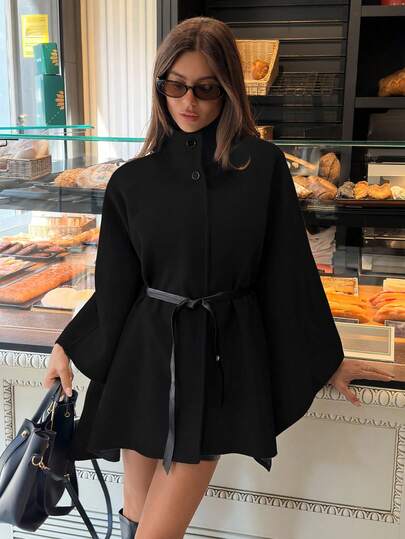 Aloruh Women's Elegant High Collar Batwing Sleeve Cinched Waist Waist Wool Blend Coat In Fall/Winter,Cozy Fall And Winter Clothes For Women,Women's Winter Clothes