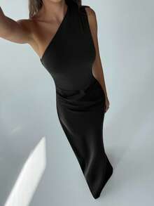 Aloruh Robe d'été élégante à couleur unie et ourlet asymétrique pour femmes - Noir - Voir 4
