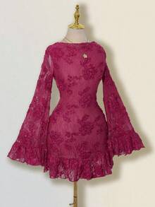 SHEIN ICON Women's Elegant Backless Lace Patchwork Flare Sleeve Ruffle Hem Mini Dress, Solid Cream Color - Hot Pink - View 8