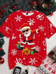 Manfinity Joysei Camiseta de manga corta de cuello redondo con estampado casual de Papá Noel y copos de nieve para hombres, Navidad
