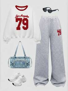 SHEIN Girlism Bộ đồ thể thao dệt kim cổ tròn in chữ và số phong cách đường phố thường ngày dành cho bé gái tuổi mới lớn và quần ống rộng xếp ly, màu xám, trang phục trở lại trường - Nhiều màu - Xem 6