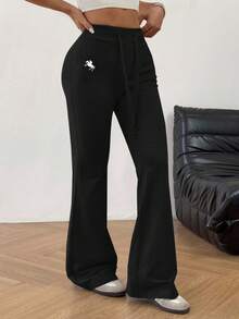 Solflare 大码休闲百搭骑士刺绣喇叭裤 - 黑色 - 查看 5