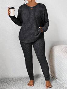 SHEIN Frenchy Plus Size Women's Solid Color Round Neck Drop Shoulder Long Sleeve Ribbed T-Shirt And Pants Casual 2 Pieces Set, Autumn/Winter - Grey - View 5