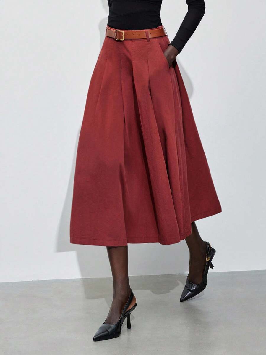 Maija 2025秋冬新款棕色褶皱喇叭裙，带侧袋，PU皮革金属腰带设计，优雅浪漫的休闲工作服，适合婚礼宾客、海滩度假、音乐节、派对 - 棕色 - 查看 1