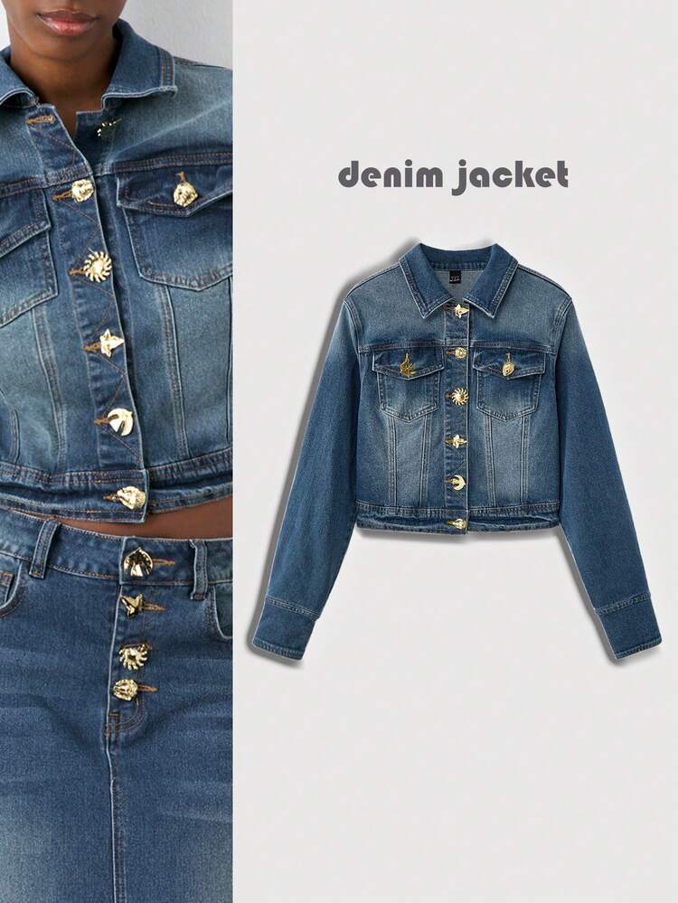 SHEIN Maija Women's Vintage Denim Jacket Exquisite Metal Button Short Coat Elegant Autumn Women's Clothing Workplace Outfits Old Money Style