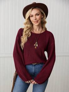 LanaWest Sweater Rajut Longgar Bergaris Kasual Wanita Warna Polos dengan Bahu Jatuh, Warna Abu-abu - Burgundy - View 6