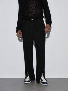 Modcrash Calça Larga de Verão Masculina de Veludo Canelado com Zíper e Fenda, Calça Longa Casual Esportiva Versátil de Cor Sólida - Preto - Visão 7