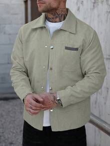 Manfinity CasualCool 男士休闲日常通勤拼接口袋灯芯绒长袖夹克，秋季款 - 橄欖綠 - 查看 7