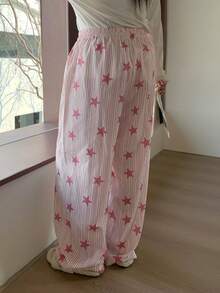 Dazy Plus 加大码弹力腰带条纹星形印花花卉宽松直筒睡裤，秋冬款 - 粉色 - 查看 2