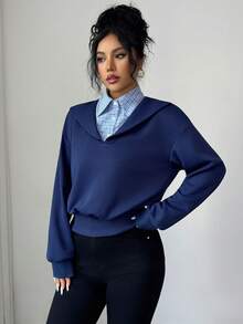 SHEIN Elenzya 女式休闲拼布格子宽松落肩运动衫，秋季 - 藏蓝色 - 查看 3