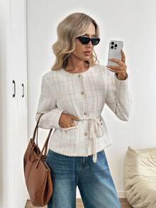 SHEIN LUNE Áo khoác vải tuýt dày thu/đông có túi và nút kim loại, áo khoác ngoài ngắn cho nữ - Nhiều màu - Xem 3