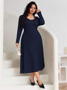 Modelyn 大码女式优雅纯色撞色蕾丝领口束腰连衣裙，春秋季 - 藏蓝色 - 查看 5