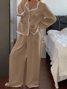 DAZY Satin Lace Ruffle Trim Women Sleep Pajama Set Spring Fall Winter Clothes - Khaki - View 5
