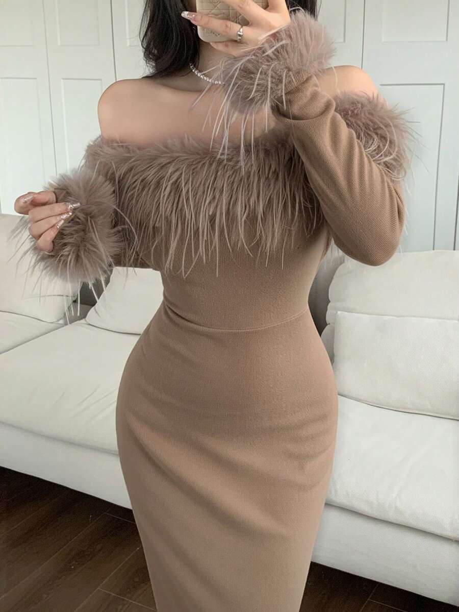 Feyla Women's Solid Color Off-Shoulder Fluffy Splice Elegant Long Sleeve Dress Long Evening Dresses - Brown - View 1