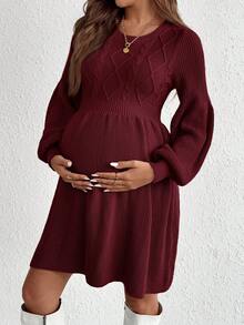 SHEIN 孕妇纯色圆领灯笼袖针织菱形图案腰部休闲毛衣连衣裙 - 酒紅色 - 查看 4