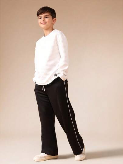 SUMWON Tween Boys Textured Long Sleeve Top And Wide Leg Pants Coordinate Set Casual Everyday Outfit