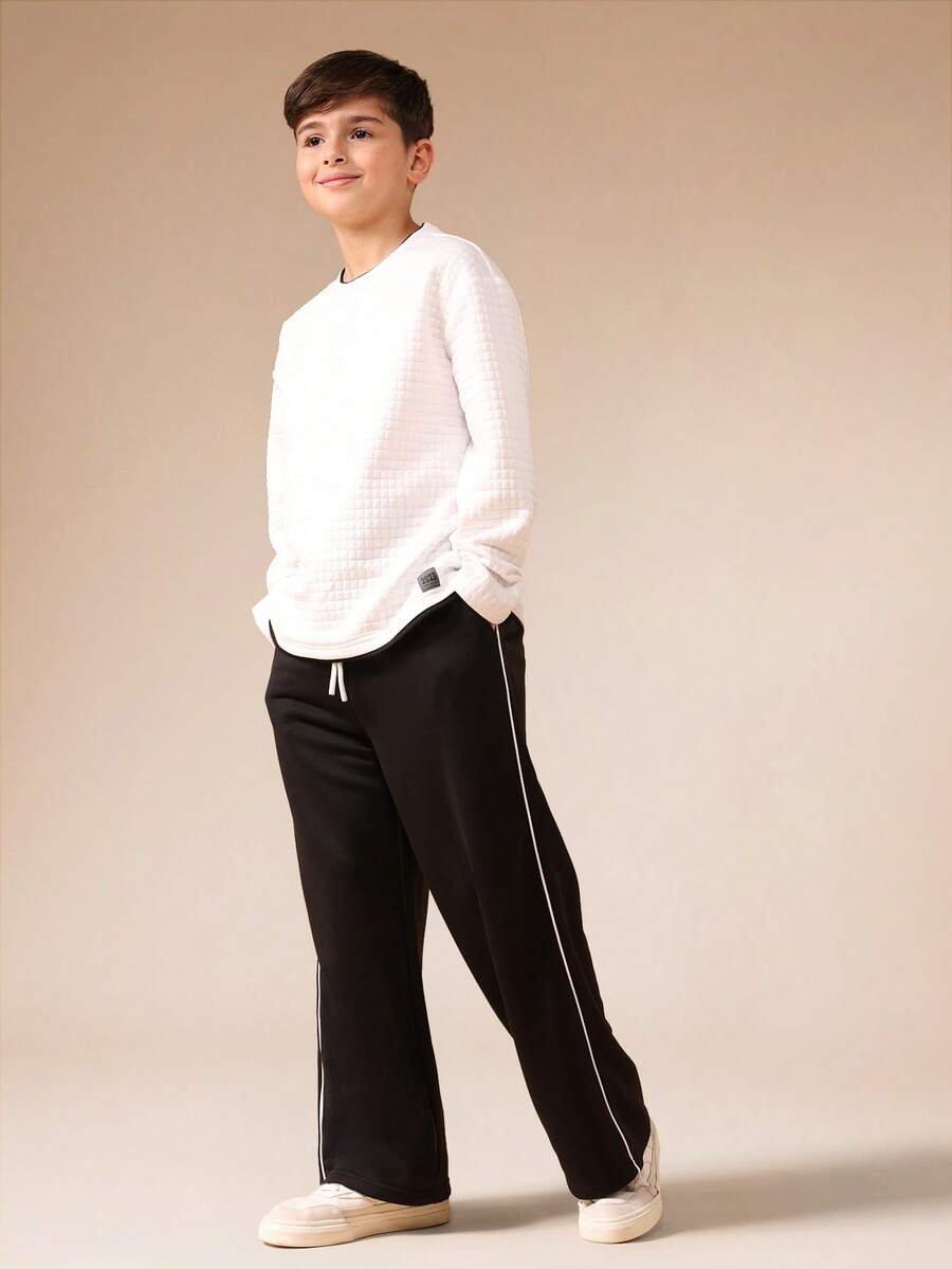 SUMWON Conjunto coordinado de pantalón de pierna ancha y top de manga larga con textura para niños preadolescentes, atuendo casual de uso diario - Blanco y Negro - Ver 1