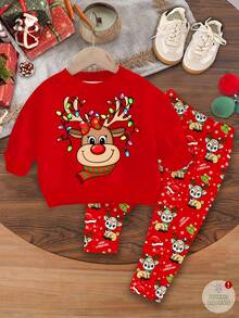 SHEIN 女婴圣诞快乐可爱卡通驯鹿、雪花、圣诞几何图案提花针织柔软厚圆领长袖卫衣和打底裤套装，喜庆红色，休闲秋冬 - 彩色 - 查看 2