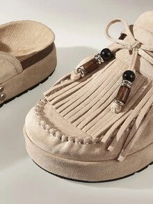 Solecia 女式平底圆头厚底流苏休闲穆勒鞋一脚蹬 - 杏色 - 查看 6