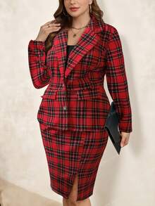 Chikora 加大码格子印花长袖上衣和半裙两件套西装裙套装格子套装红色格子连衣裙女装 - 黑與白 - 查看 1