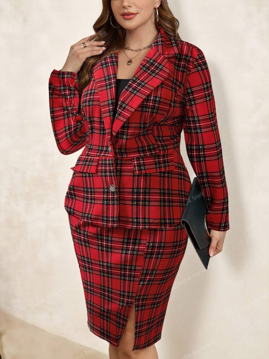 Chikora 加大码格子印花长袖上衣和半裙两件套西装裙套装格子套装红色格子连衣裙女装 - 黑與白 - 查看 1