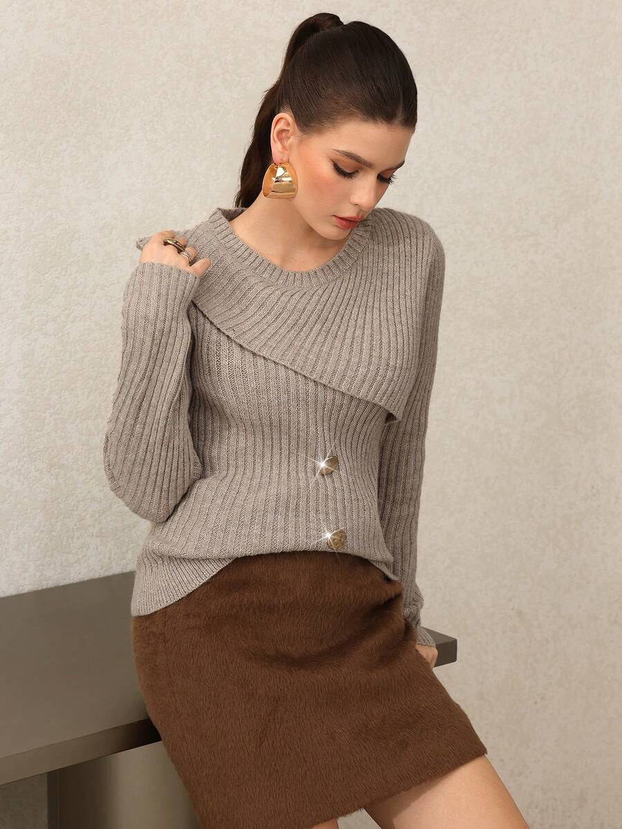 Modelyn 女式纯色圆领长袖罗纹针织毛衣 - 卡其色 - 查看 1