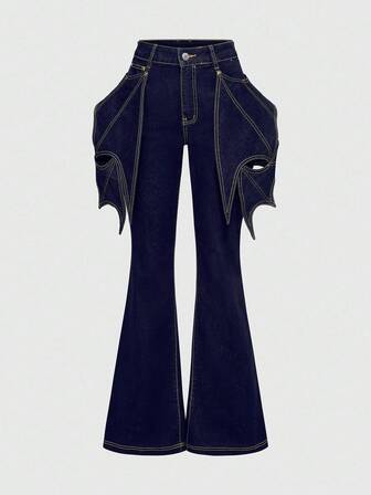 Jeans évasés pour femmes au design d'ailes de chauve-souris de style gothique pour Halloween