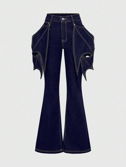 ROMWE Goth Jeans acampanados de estilo gótico con diseño de alas de murciélago para mujeres