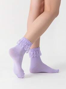 ROMWE Kawaii Women's Solid Color Cute Ruffle Trim Ankle Socks - Mauve Purple - View 3