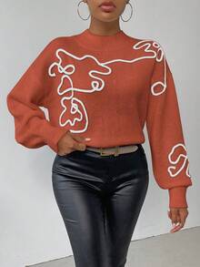 SHEIN LUNE 女式休闲度假风格图案立领落肩宽松灯笼袖毛衣，秋冬 - 珊瑚橙 - 查看 3
