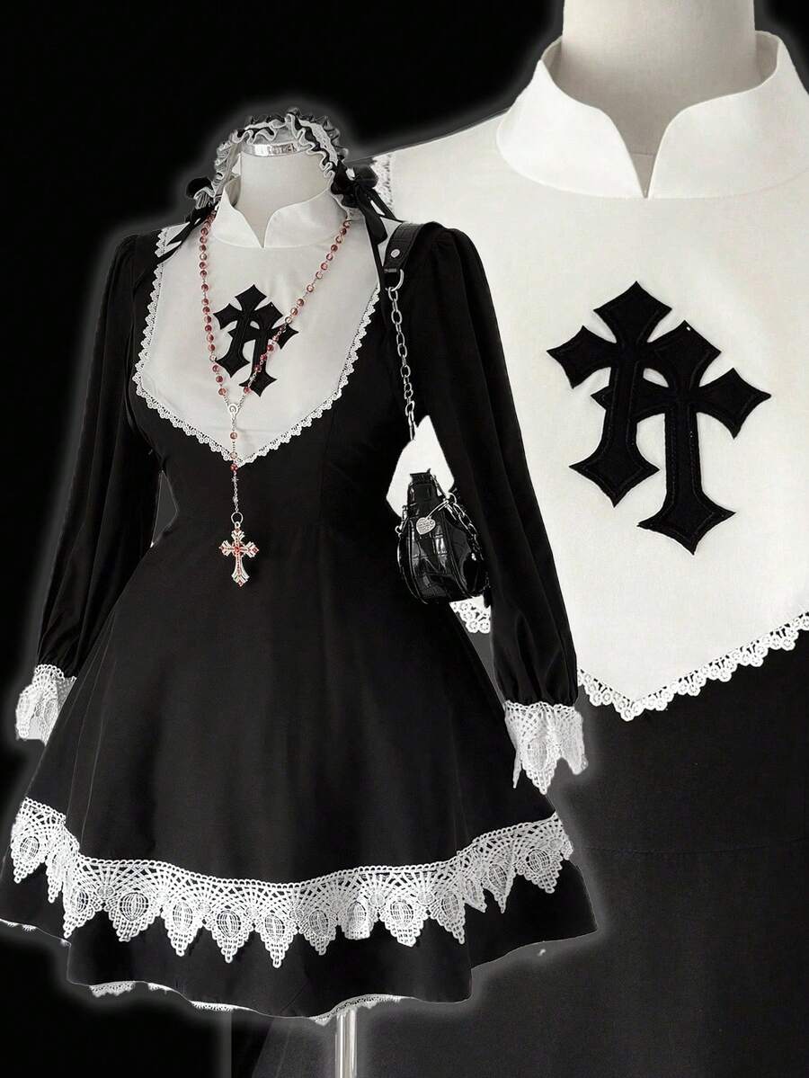 Sunspun Vestido de manga larga minimalista de dama con elegante ribete de encaje de color contrastante