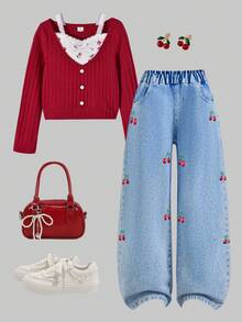 Sparklyn 女童拼布T恤和刺绣牛仔裤，秋冬